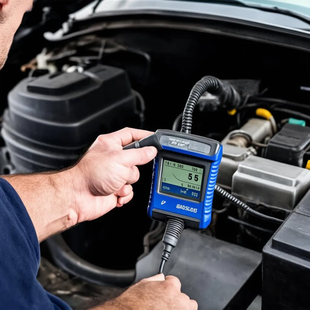 Mechanic using a diagnostic scanner